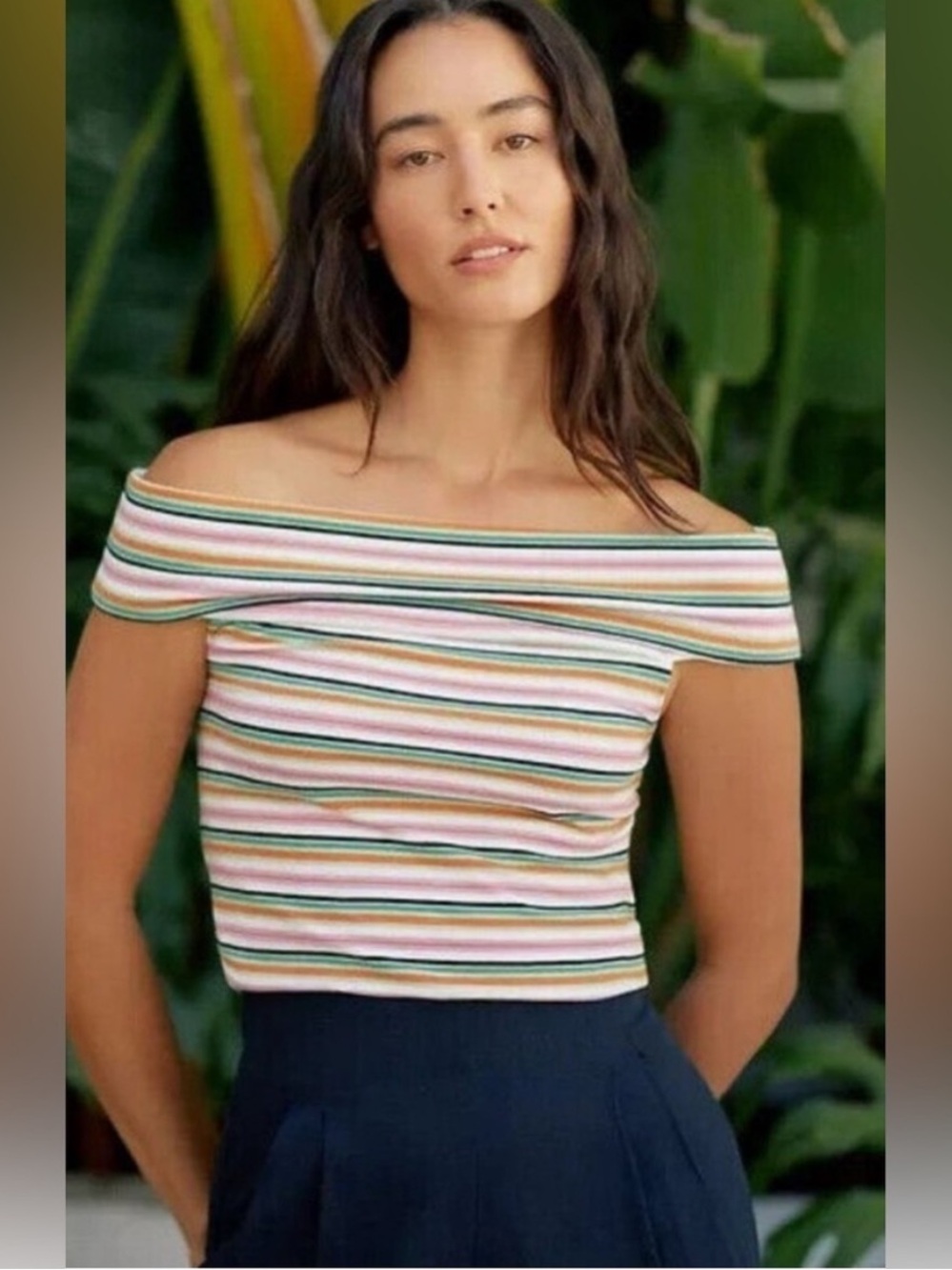ANTHROPOLOGIE MAEVE Striped Off-Shoulder Crop Top